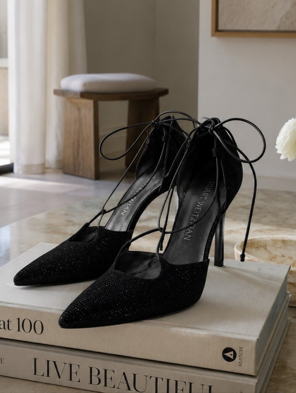 Stuart Weitzman Pryrite Crystal Lace-Up Stiletto Heels Black Size 5 - Picture 11 of 13